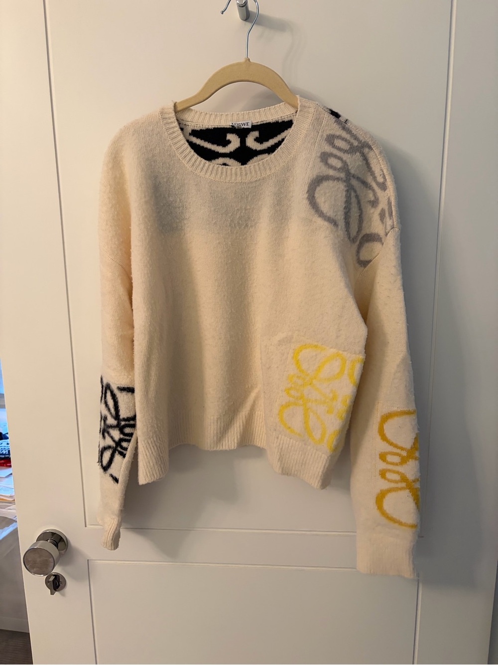 Loewe Cream Crewneck Sweater with Multicolor Logo Motif